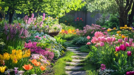 Fototapeta premium A winding stone path leads through a vibrant, colorful garden with a variety of blooming flowers, lush greenery, and dappled sunlight.