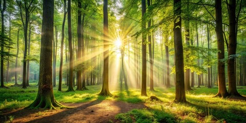 Obraz premium Tranquil morning in the forest with sunlight filtering through the trees, Nature, trees, sunlight, serene, peaceful