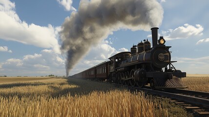 Naklejka premium A grand steam-powered train thunderously traverses the expansive plains of 19th-century Hungary. Its iron wheels produce a rhythmic clatter along the tracks, slicing through fields of golden wheat 