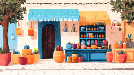 A street vendor selling handmade crafts from a colorful market stall, showcasing unique and artisanal items. Moroccan Souk. Illustration