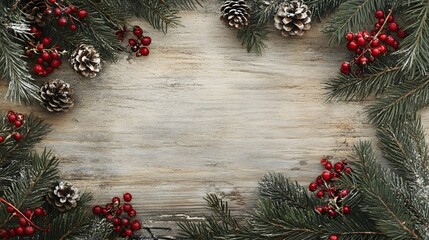 Festive Evergreen Branches with Red Berries and Pine Cones on a Weathered Wooden Background