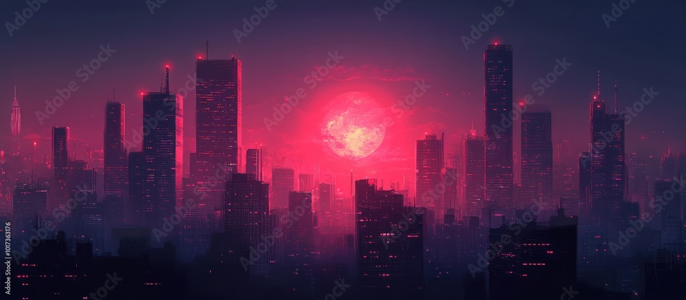 Wall mural A futuristic cityscape with a large, glowing red moon in the sky, illuminated by a hazy, pink glow.