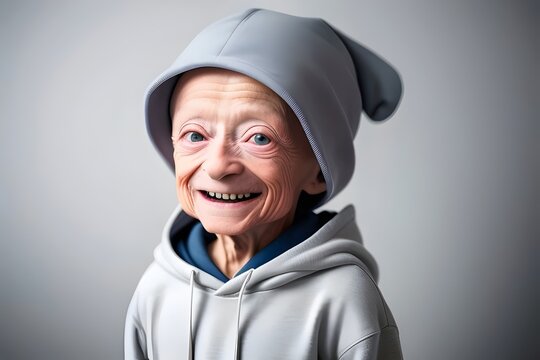 happy 10 year old little boy with Progeria disease, wearing a blank hoodie, isolated, sick,  smiling, resilient, brave, youthful, unique, rare, bald, fragile, thin, strong, courageous, innocent, hope