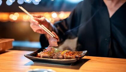 Faceless man eat Gyutan in restaurant with bokeh background. Japanese Food.