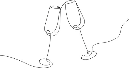 Continuous Line Drawing of Champagne Glasses Black Sketch on White Background. Two Glasses Simple One Line Drawing. Minimal Hand Draw Illustration for wedding, Party, Holiday, Invitation Vector EPS 10