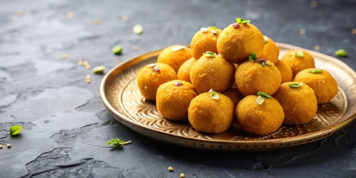 Plate of Indian Besan Laddu on concrete background, Indian, sweets, Besan Laddu, Laddoo, chickpea flour, ghee, sugar