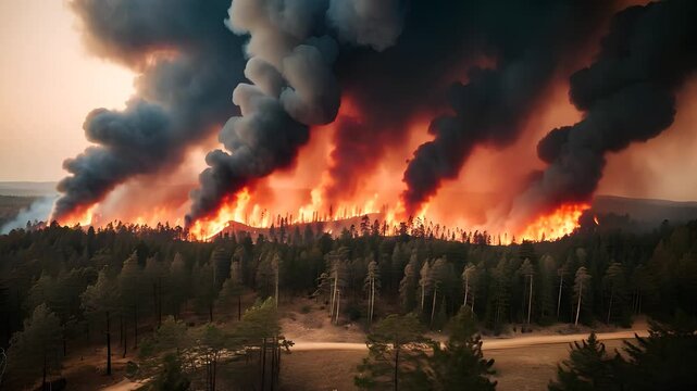  Intense Forest Wildfire with Thick Smoke and Flames