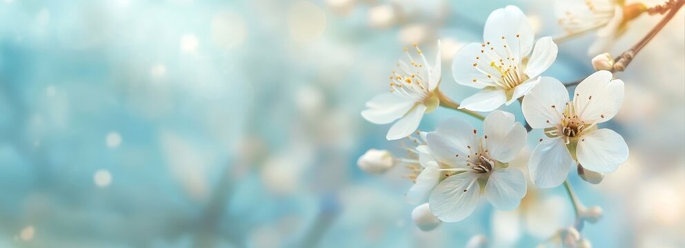Delicate white blossoms with yellow centers against a soft blue background, creating a beautiful spring scene.