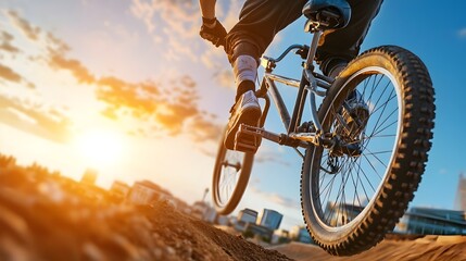 Energetic BMX rider performing an impressive high jump over a dirt track silhouetted against a vibrant sunset cityscape backdrop capturing the thrill and excitement of the extreme sport