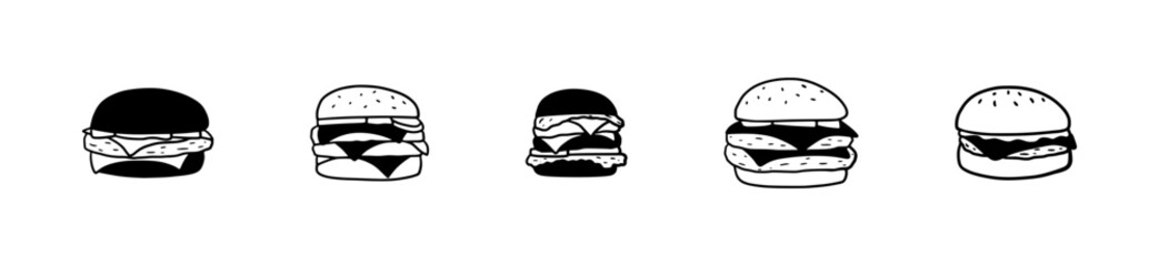Delicious Burger Icon Set for Restaurants, Fast Food, and Delivery Promotions – Includes Cheeseburger, Gourmet, Fries, and Combo Meal Illustrations