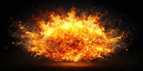 Fototapeta premium Fire explosion effect element with flames and debris flying in the air, fire, explosion, flames, heat, danger, destructive