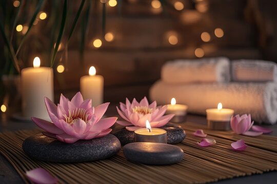 Pink lotus flowers on black stones with lit candles on a bamboo mat, a relaxing spa scene.