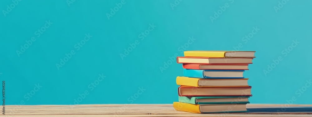 Poster stack of colorful hardback books on a wooden table against a turquoise background.