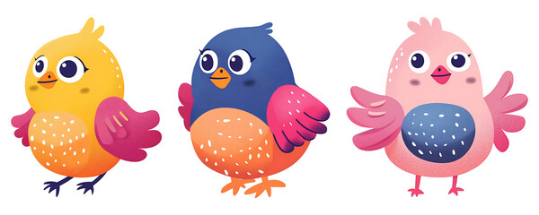 Three cartoon-style birds with distinct expressions and appearances. All three birds have yellow blue and pink coloring with big eyes. The designs are playful and cheerful.
