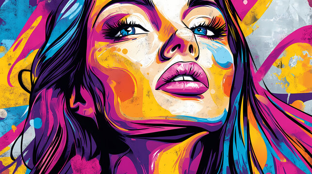 A graffiti of a woman face with bright colors. Stencil Graffiti. Illustration