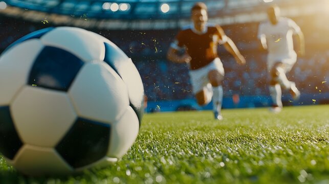 Intense soccer game moment with players in mid action on a lush green field surrounded by a packed stadium of energetic cheering fans  Dynamic and high energy sports competition concept