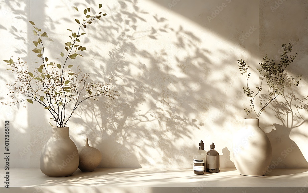 Poster a serene scene featuring vases with flowers casting soft shadows, enhancing the minimalist aesthetic
