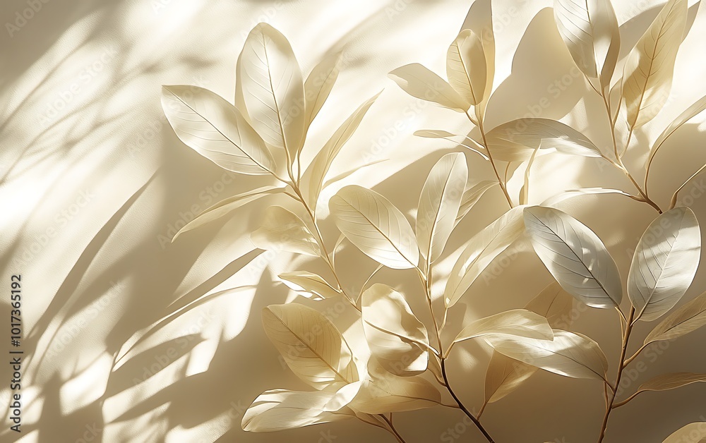 Poster A soft, ethereal image of pale leaves casting gentle shadows on a warm background, creating a serene and tranquil atmosphere.