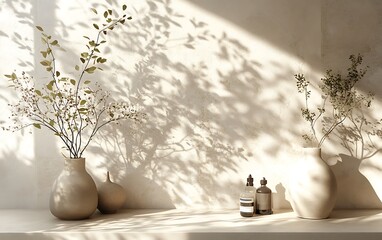 A serene scene featuring vases with flowers casting soft shadows, enhancing the minimalist aesthetic of a bright, airy space.