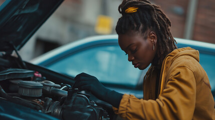 A woman fixing her car engine, showing self-reliance and practical skills, with confidence
