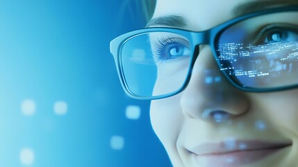 A close-up of a woman smiling gently, her glasses showing the faint reflection of a digital screen, with a calming blue background behind her.