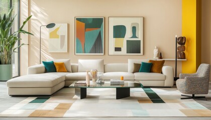 Obraz premium 1980s minimalistic living room with pastel sofa, geometric chairs, and teal accents 3. Generative AI