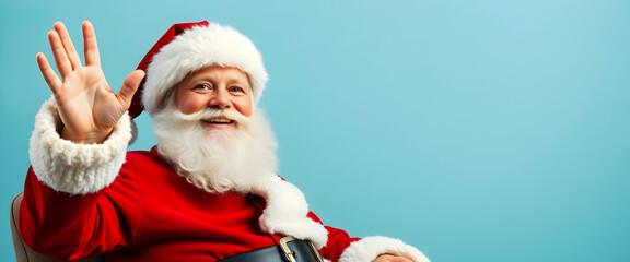 Santa Claus waving hello against a blue background.