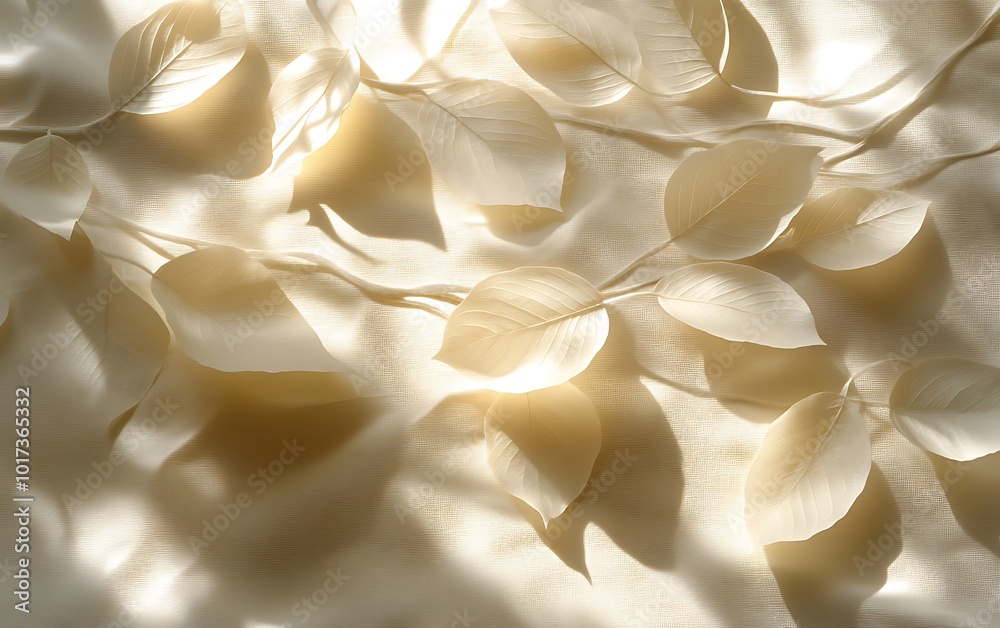 Poster delicate white leaves scattered artistically on a textured surface, illuminated softly by natural li