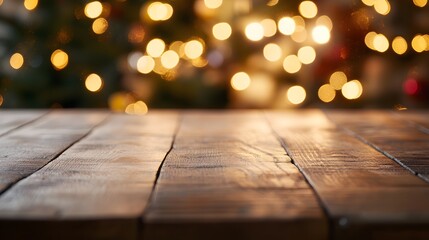 Wooden Tabletop with Defocused Golden Christmas Lights