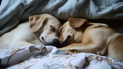 Cute pair of dogs sleeping together under a soft blanket, their heads resting close as they enjoy a warm and serene nap