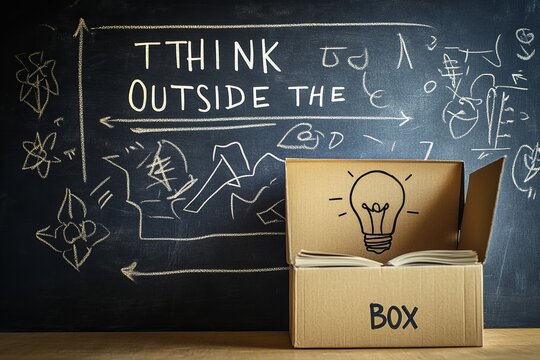 Open cardboard box with a light bulb drawn inside on a wooden table with the words "Think outside the box" written on a blackboard. - Powered by Adobe