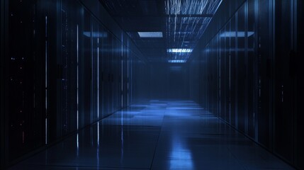 Empty server room corridor with rows of servers and blue light.