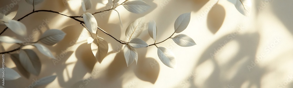 Poster a delicate branch with light-colored leaves casts soft shadows against a neutral background, creatin