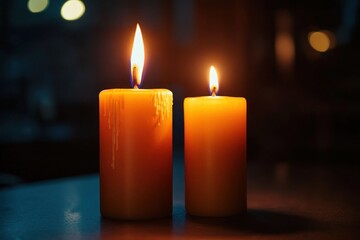 Two candles burning side by side, one tall and bright, the other short and flickering, casting a balanced glow in a darkened room.