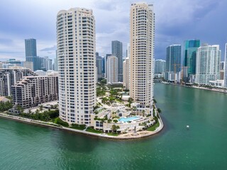 Buildings in the downtown waterfront and the Miami River, Miami, Florida, United States.