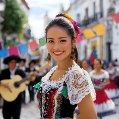 Colorful and Lively Cinco de Mayo Street Party Scene with Mariachi Bands Playing Music Dancers in Traditional Mexican Dresses and Hanging Decorative Paper Flags