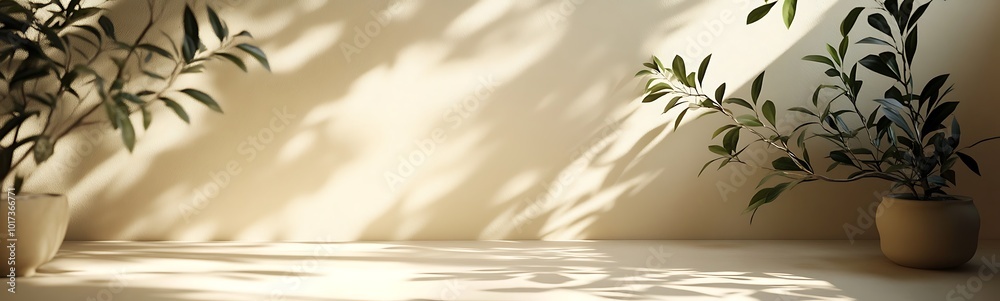 Aufkleber a serene indoor scene featuring light and shadow play on a surface with potted plants casting delica