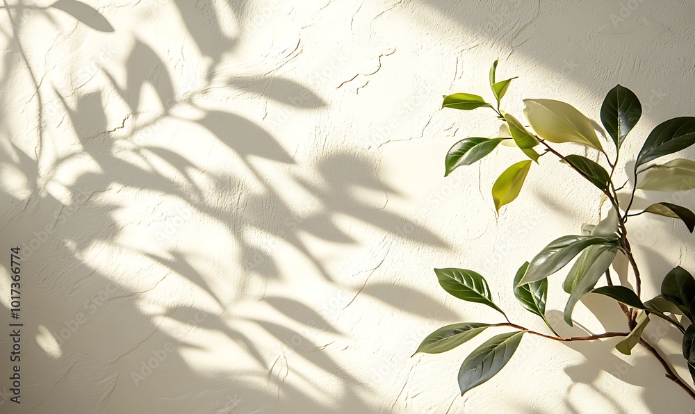 Poster a serene interplay of leaves casting soft shadows on a textured wall, creating a peaceful and natura