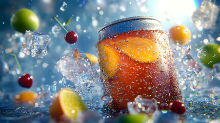 Isolated fresh citrus fruit cocktail with ice cubes on a white background