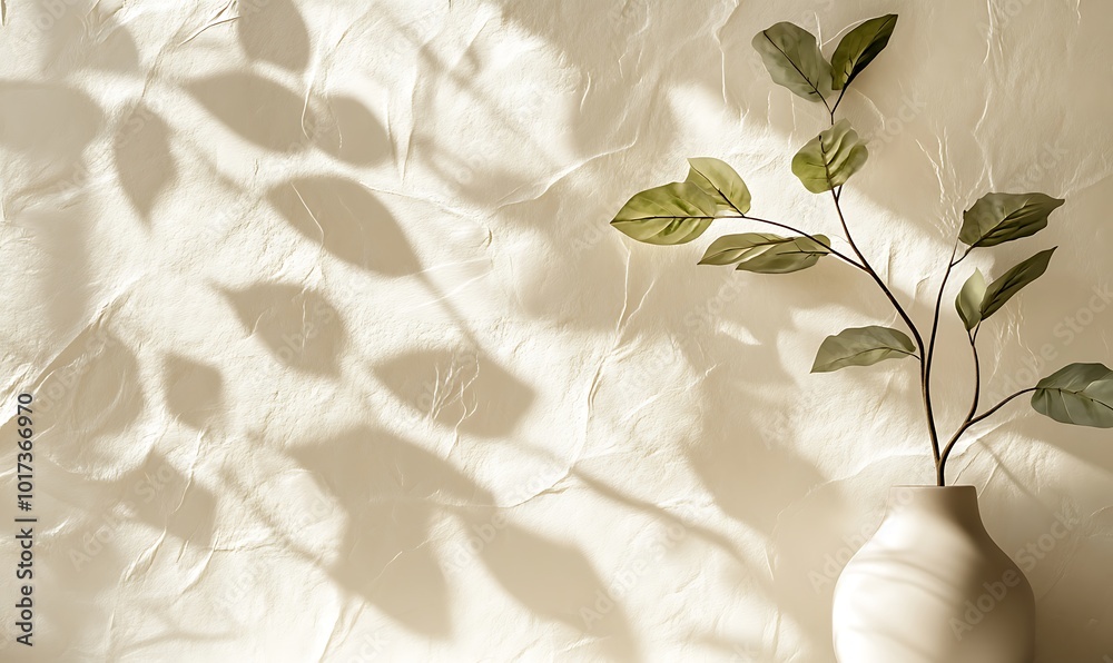 Poster a minimalistic scene featuring a plant in a vase casting soft shadows on a textured wall, creating a