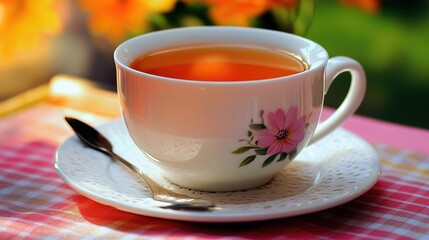 Fototapeta premium A large, simple teacup featuring an elegant flower design on the side, resting gently on a matching saucer. The teacup is white with delicate floral patterns, 