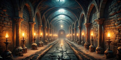 Fototapeta premium Scary rendering of endless medieval catacombs with flickering torches in a mystical nightmare setting, catacombs, medieval