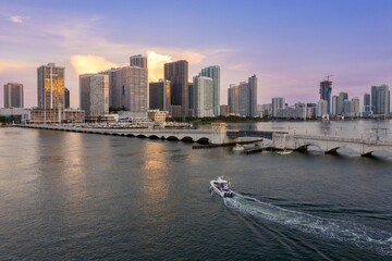 Downtown waterfront buildings and the West Venetian Causeway Bridge over the Biscayne bay, Miami,...