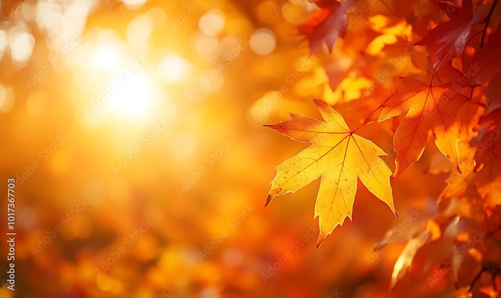 Poster A golden autumn scene with sunlight filtering through colorful leaves, creating a warm and inviting atmosphere.