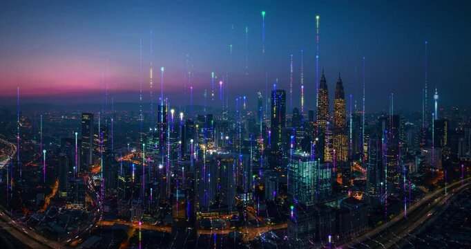 Kuala lumpur skyline transforming with growing glowing lines at dusk
