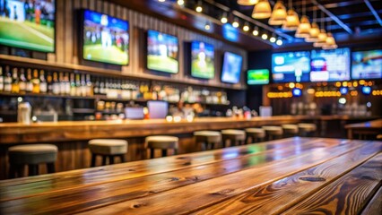 Empty wooden counter in sports bar with blurred TV displays showing various sporting events in the background, Sports bar