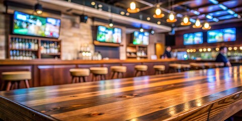 Fototapeta premium Empty wooden sports bar counter with blurred TV displays in the background, sports bar, pub, counter, wooden