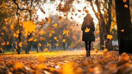Obraz premium A person dressed in cozy autumn fashion strolls through a picturesque park, surrounded by vibrant golden leaves gracefully falling around them. 