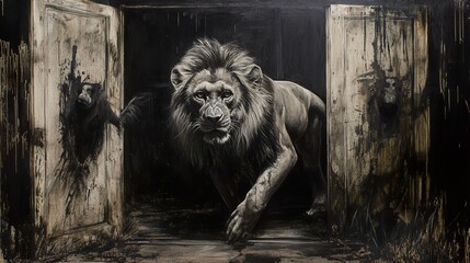 Lion Emerging from Darkness: A Dramatic Black and White Painting