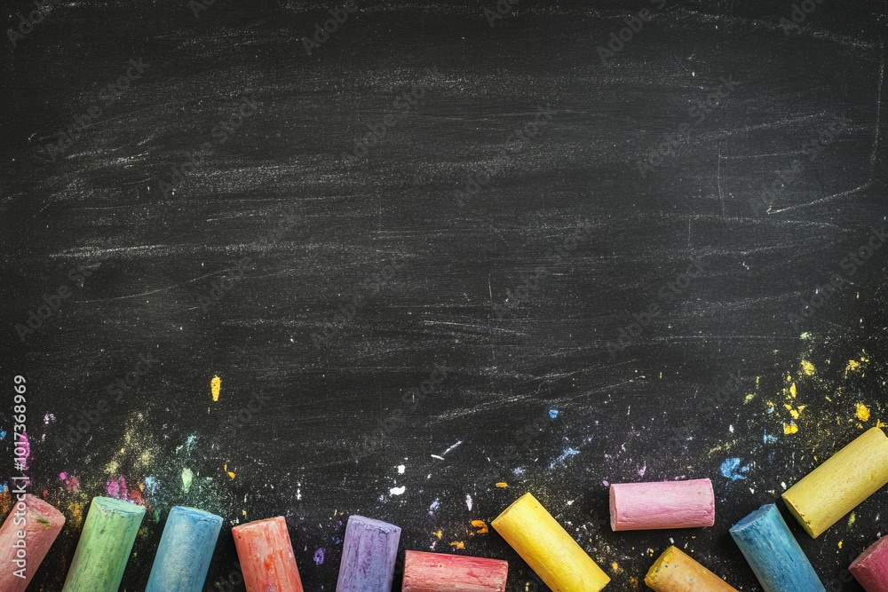 Aufkleber chalkboard with colorful chalk sticks scattered around the edges.